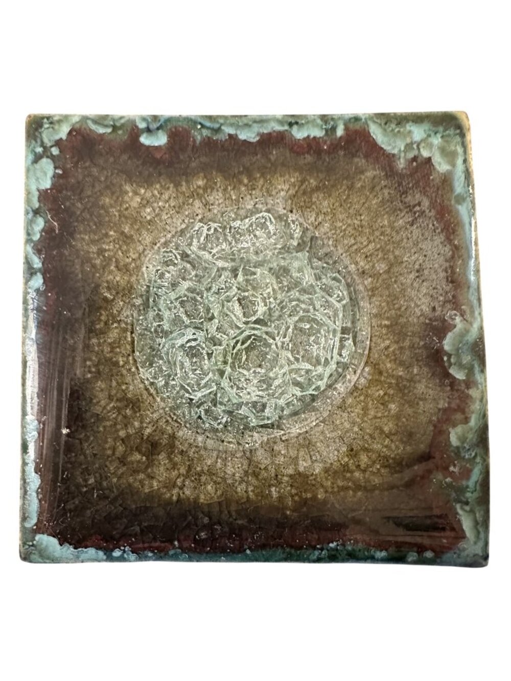 Anthropologie Geode Coaster Blue Crushed Crackle Glass Stoneware Tile 4" Square